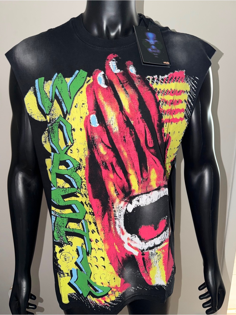 Men's Black Short Sleeve Graphic Tee with Red & Yellow Pop Art